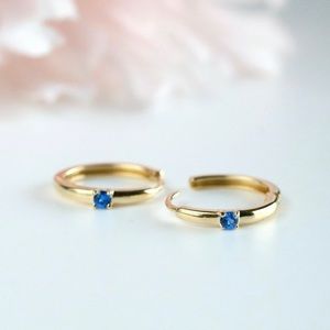 14K Yellow Gold Single Blue Sapphire Huggie Hoop Earrings, NWT